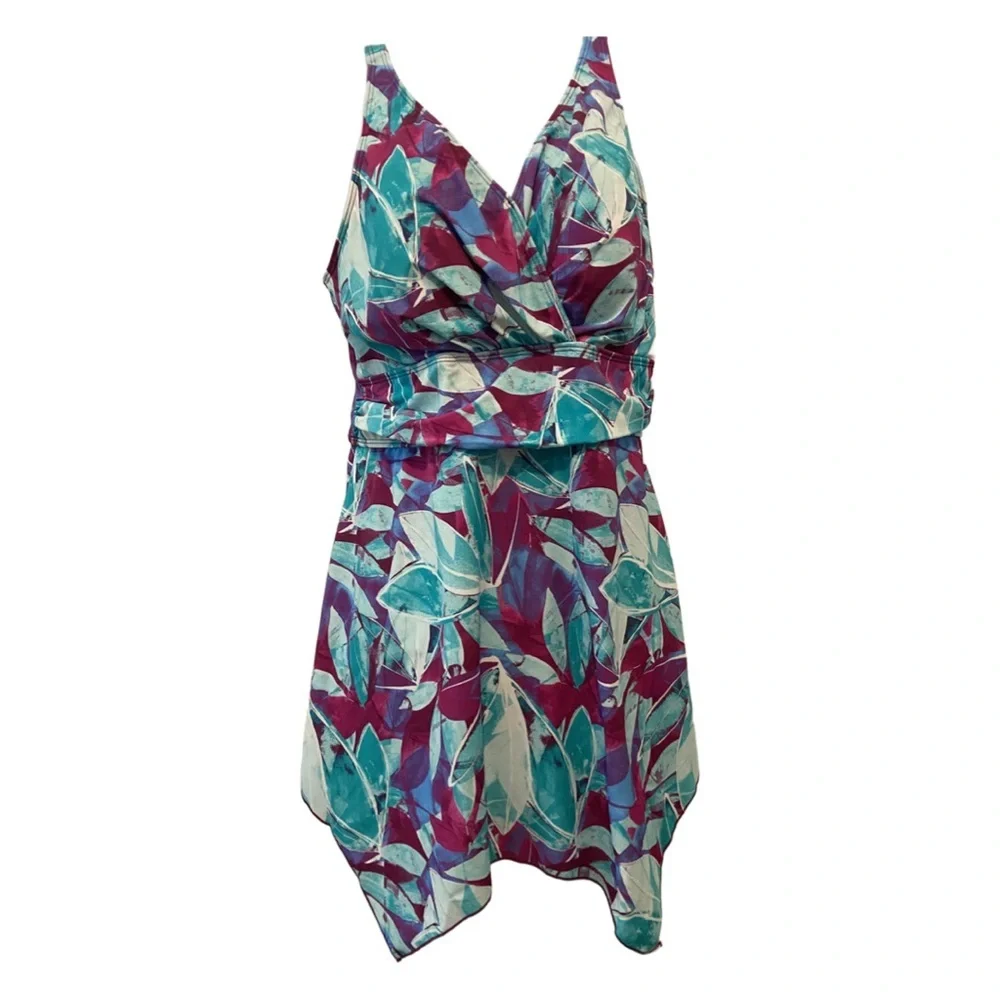 Denim & Co. Beach V Neck Handkerchief Hem Swim Dress Aqua Abstract Palm 10 New - Picture 4 of 15